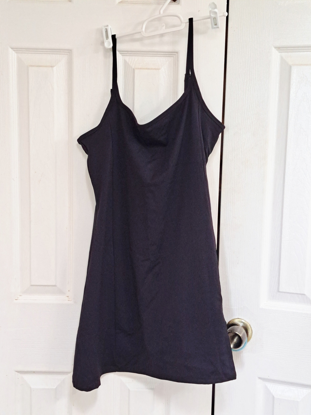 Qinsen Black Slip Mini Dress with Spaghetti Straps And Built-in Shorts, Lined